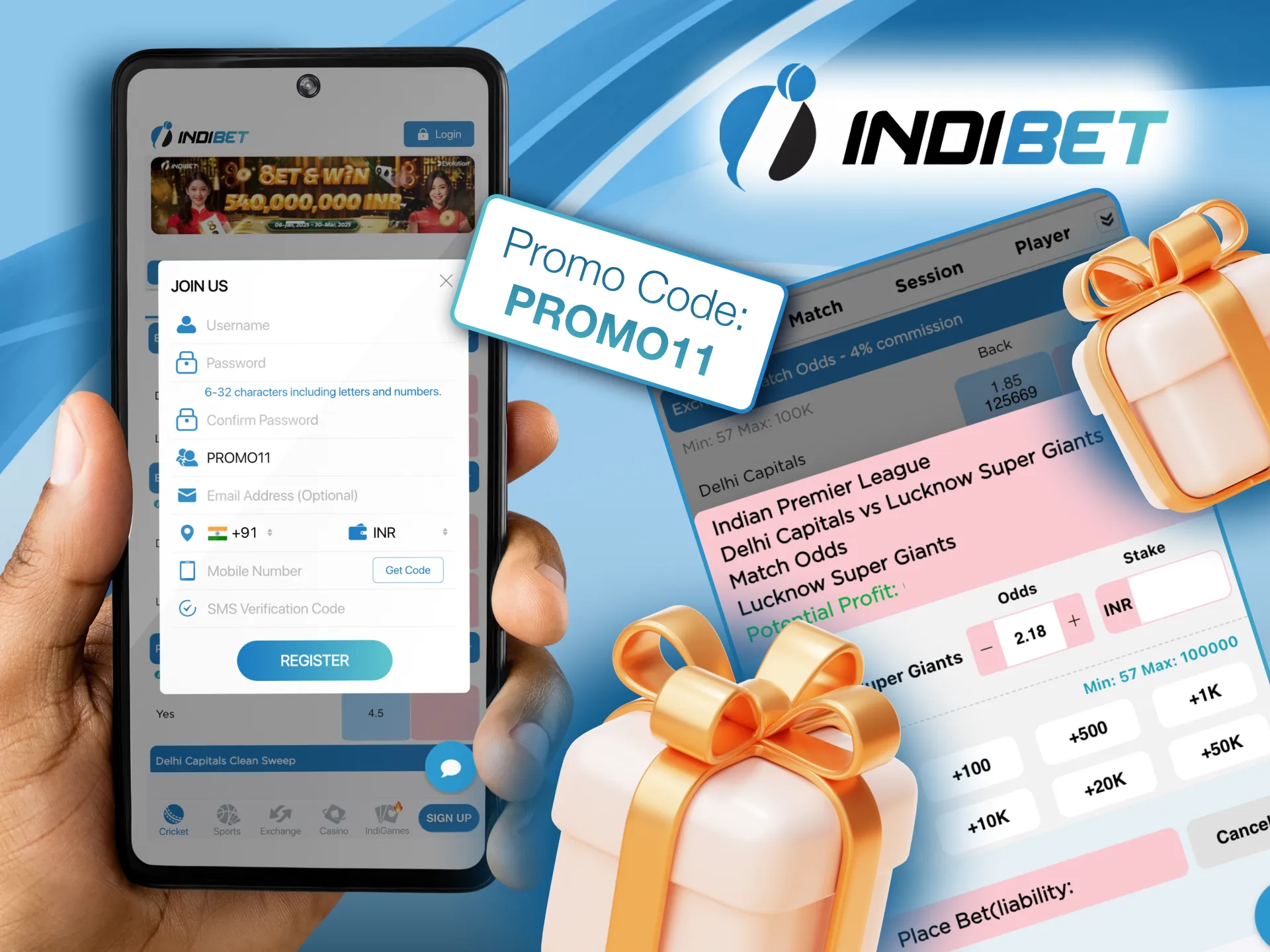 Activate the PROMO11 promo code on Indibet to unlock a generous bonus for cricket betting.